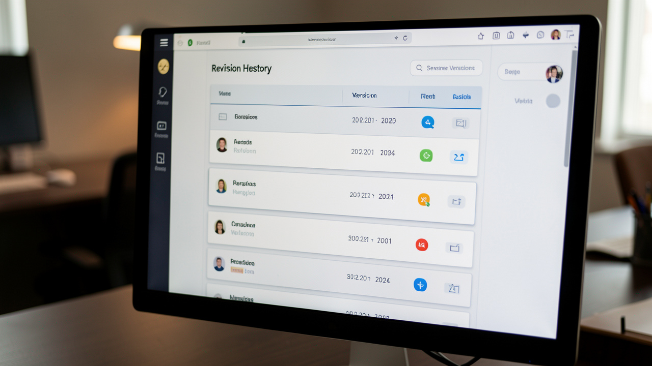 Vue rapprochée d’un écran d’ordinateur affichant une interface sobre d’historique de révisions avec plusieurs versions, colonnes de dates et icônes de contributeurs, avec éclairage ambiant doux et profondeur de champ faible.