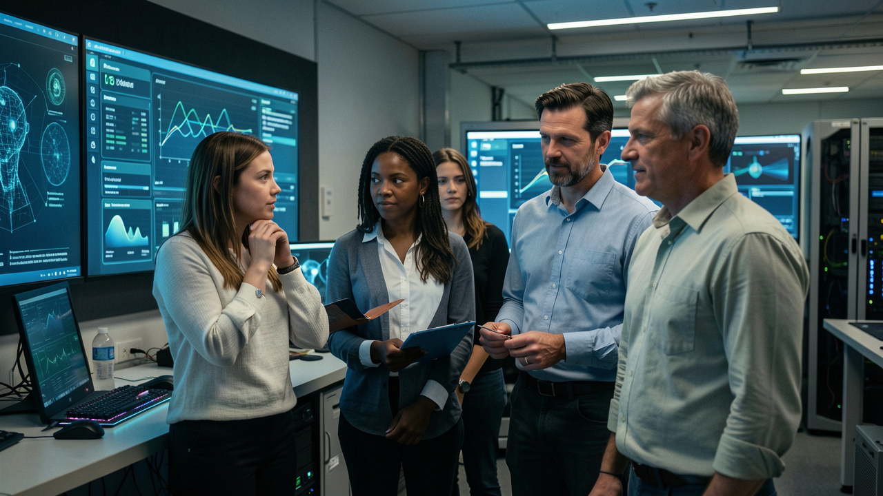 Équipe mixte d’une entreprise technologique réunie devant un tableau de bord abstrait de supervision de l’intelligence artificielle dans une salle moderne.