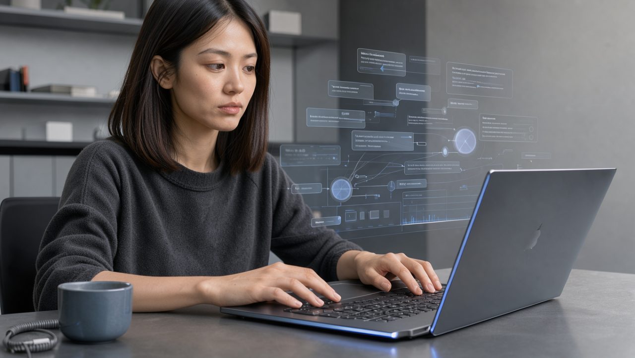 Femme utilisant un assistant d’intelligence artificielle sur un ordinateur portable dans un bureau moderne, avec une interface lumineuse et abstraite.