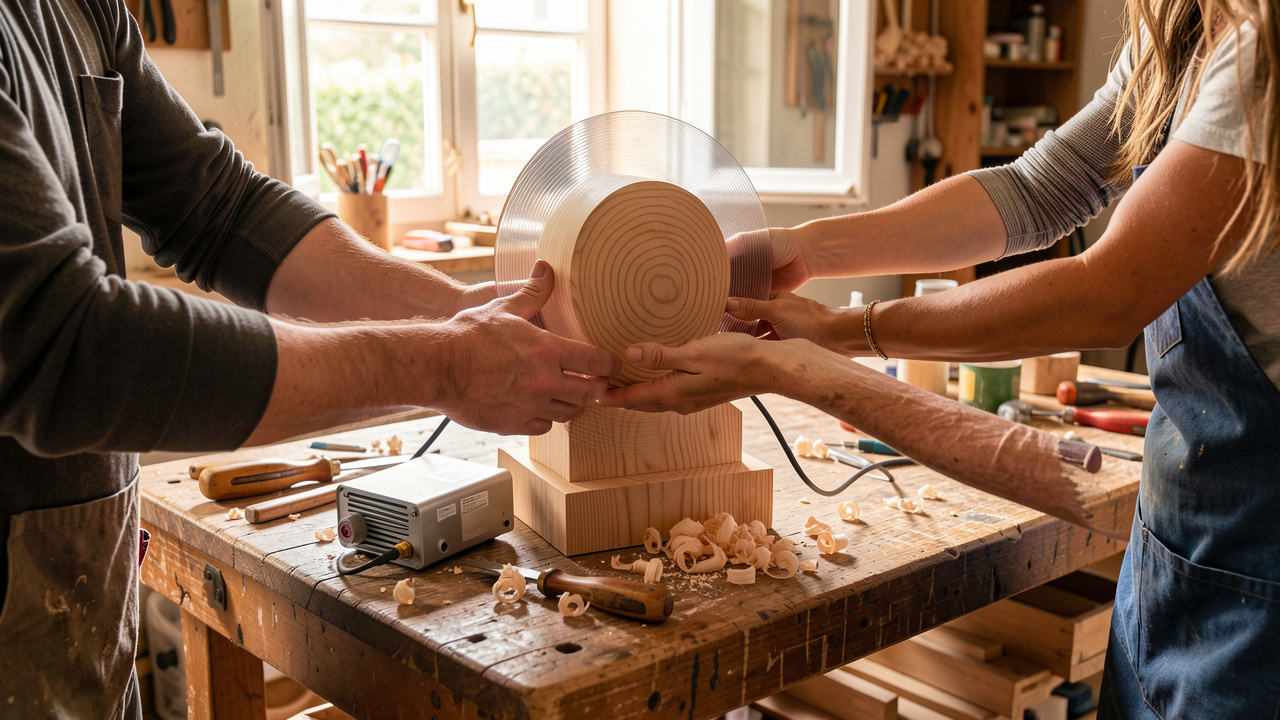 Objet sonore artisanal en bois tenu par les mains d’un homme et d’une femme, relié à un amplificateur dans un atelier inclusif à Marseille.
